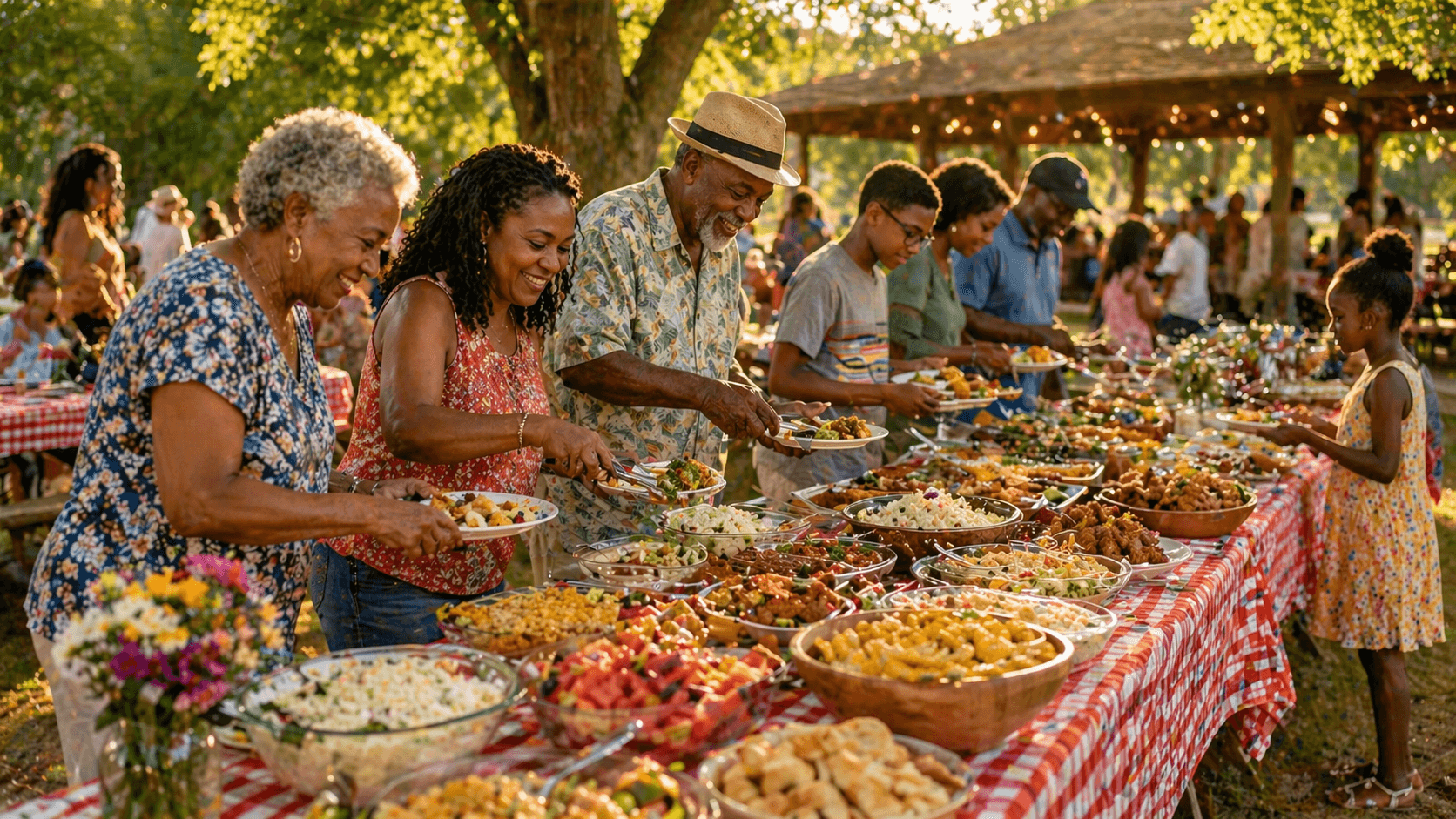 Family reunion outdoor buffet spread