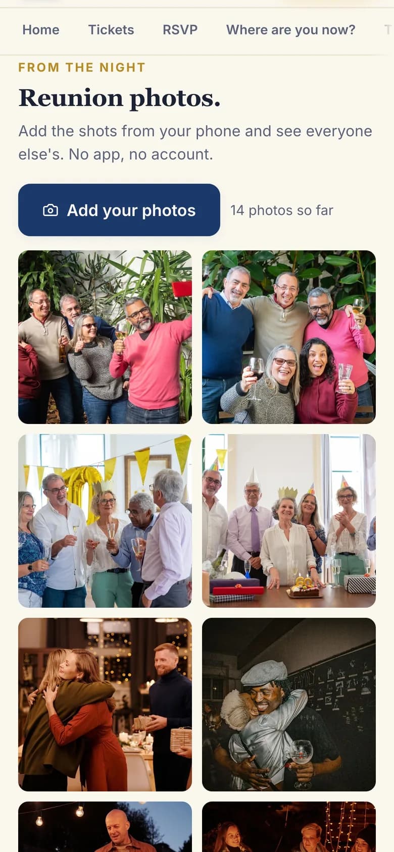 Reunion photos section on a phone with an Add your photos button and a grid of party photos
