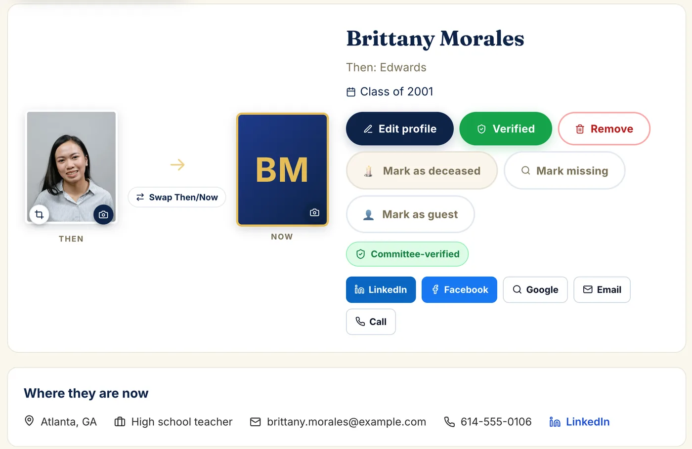 A classmate profile showing then and now photos, current city and LinkedIn and Facebook links