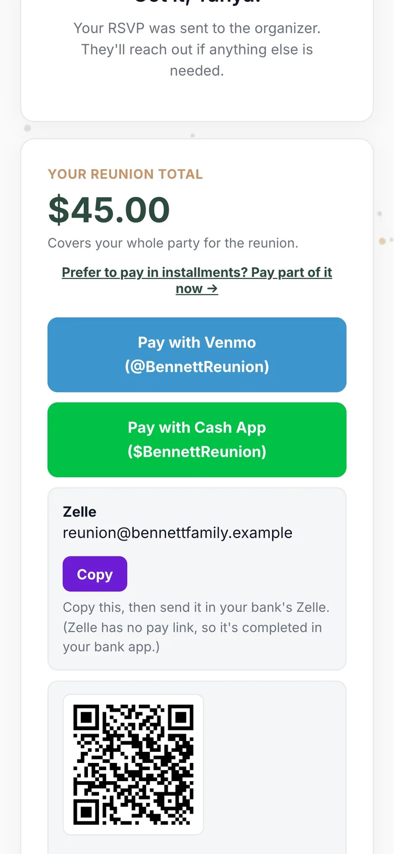 Reunion RSVP confirmation on a phone showing the total due with Venmo, Cash App and Zelle options